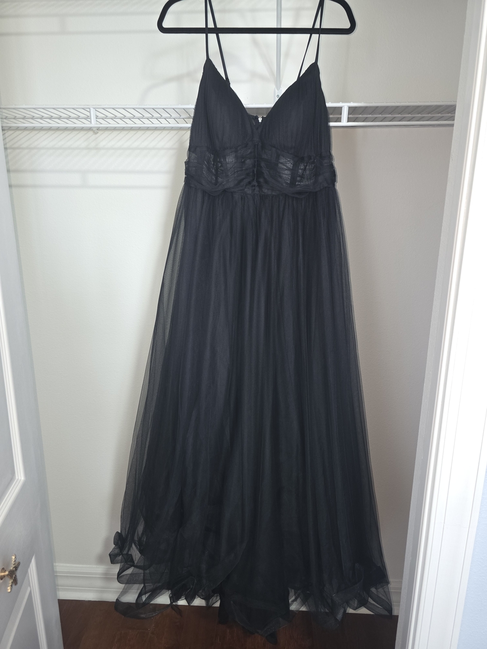 Black strappy corset style, middle with boning tule Evening gown.